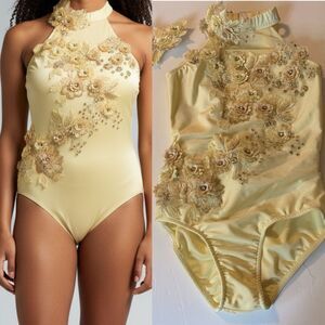 Glamour solo dance costume leotard pale yellow embellished rhinestone lace MC